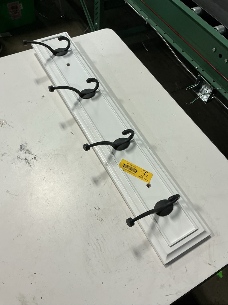 Condition photo showing As Is for allen + roth 4-hook 27.01-in x 4.49-in h white rail and black hooks decorative wall hook (35-lb capacity)