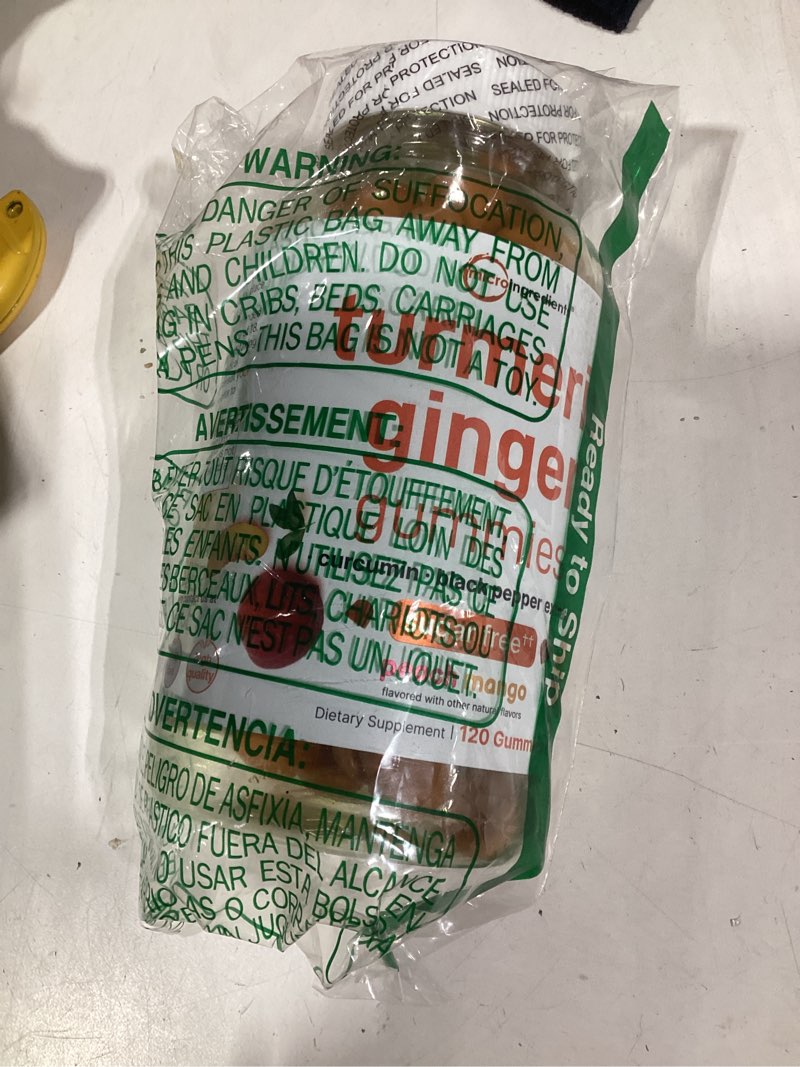 Condition photo showing New/Like New for turmeric ginger gummies, 120 count | sugar free peach mango flavored | extra strength curcumin with black pepper for enhanced absorption | non-gmo