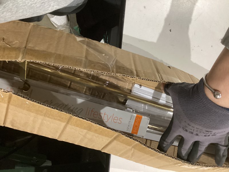 Condition photo showing As Is for Kenney KN55903 River Geometric End Petite Café Decorative Window Curtain Rod, 48-86" Adjustable Length, Burnished Brass Finish, 1/2" Diameter Steel Tube Burnished Brass 48-86"