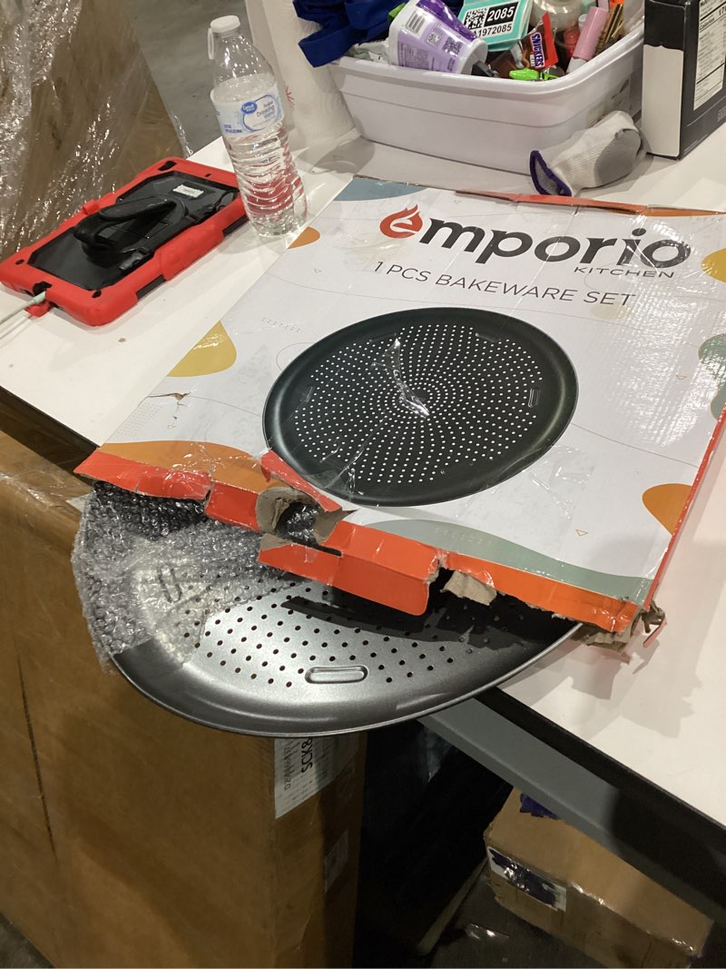 Condition photo showing Good Condition for Pizza Baking Pan - 15.75-Inch Round Perforated Carbon Steel Tray with Non-Stick Coating, Dishwasher Safe, Oven Safe (Up To 450° F), Airflow Design, PFOA, PFOS, PTFE Free, Gray Gray 1 Pack