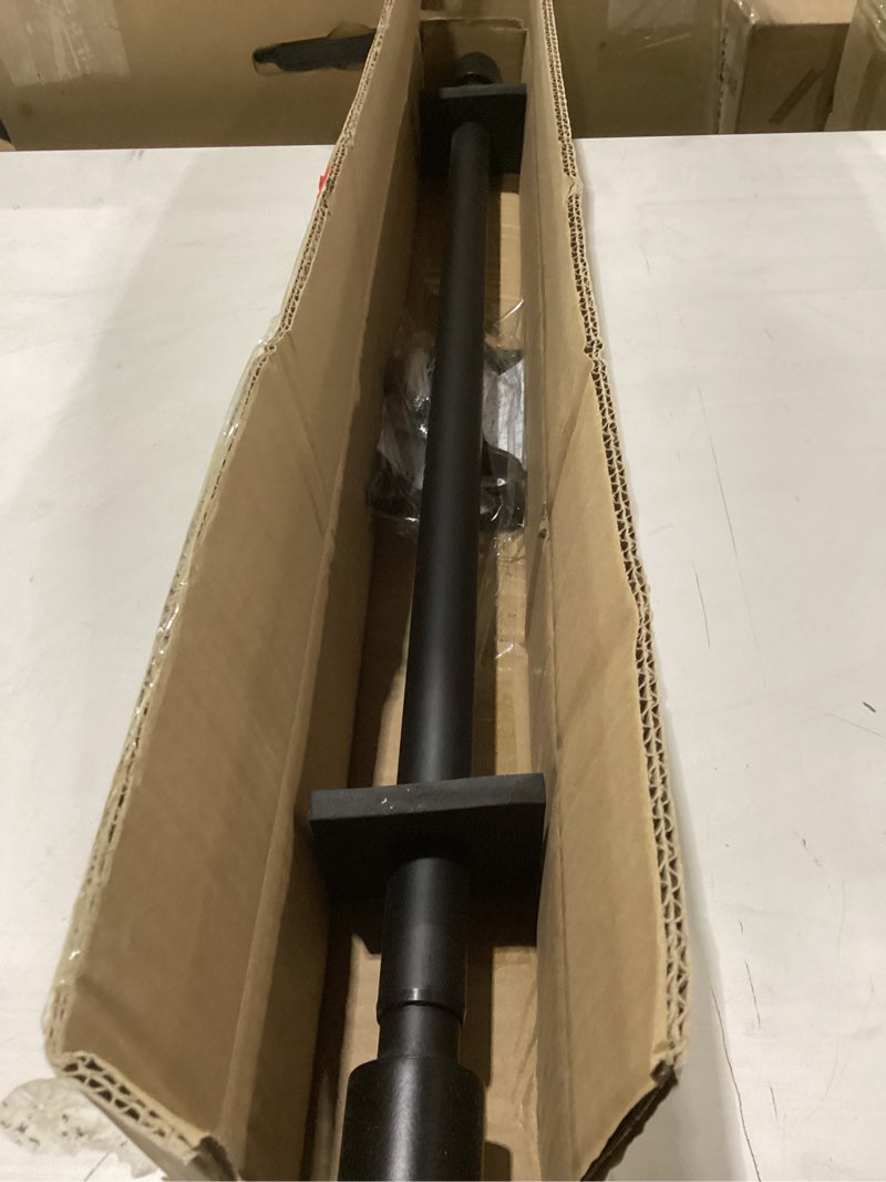 Condition photo showing New/Like New for matte black curtain rods 28-48" - decorative with cap finials, adjustable 1-inch thick, single telescoping rod matte black 28-48"