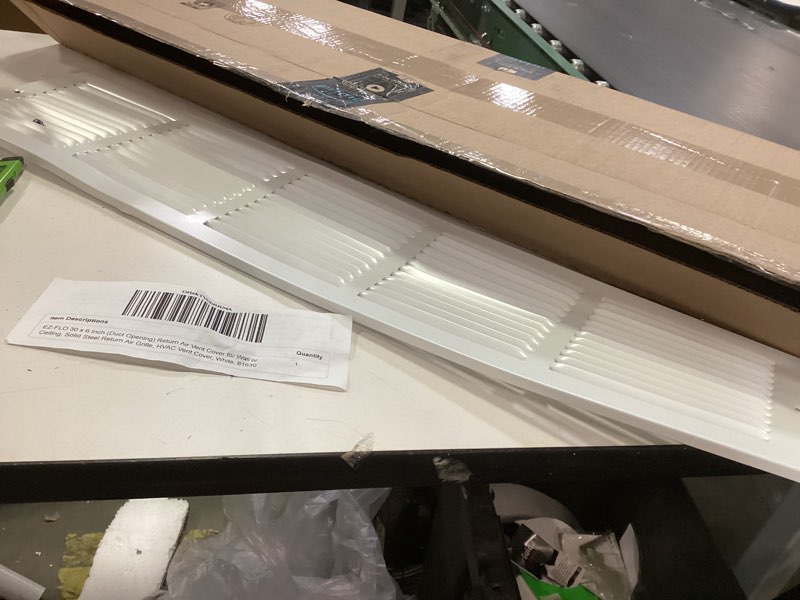 Condition photo showing As Is for 30"W x 6"H [Duct Opening Size] Steel Return Air Grille, Air Return Vent Cover for Ceiling and Sidewall - HVAC Air Vent Covers - [Outer Dimensions: 31.75"W x 7.75"H] 30"W x 6"H [Duct Opening]