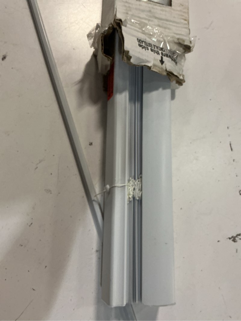 Condition photo showing As Is for magne blind 1-in slat width 25-in x 42-in cordless white vinyl room darkening half-view standard mini blinds