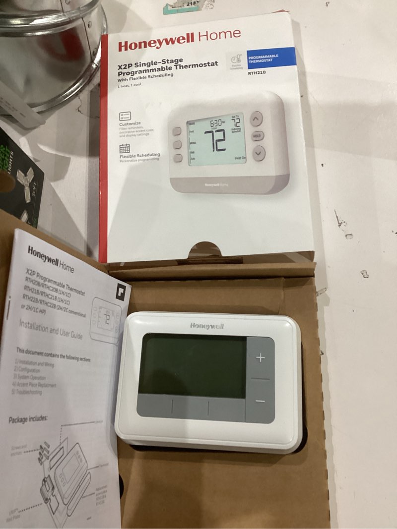Condition photo showing As Is for similar to new! honeywell home programmable thermostat, single-stage, 1 heat/1 cool compatibility, flexible schedule, x2p, white, rth21b single-stage compatible 7 day flexible programmable