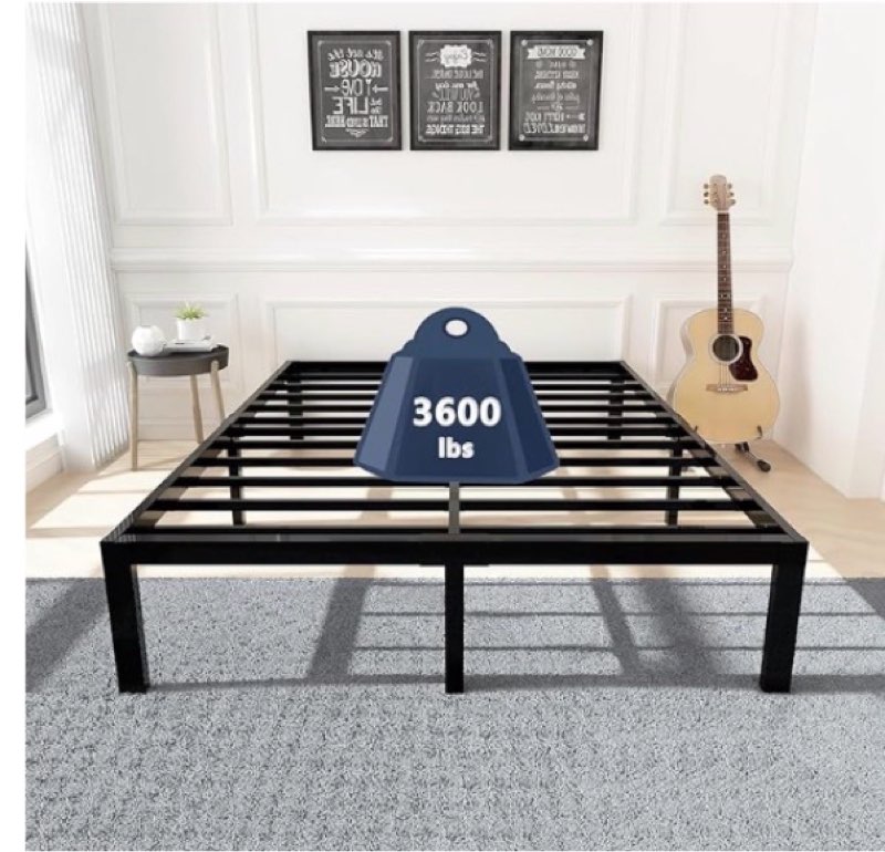 45minst 3600lbs heavy duty bed frame,14 inch sturdy steel slat mattress foundation, metal reinforced platform box spring replacement, easy assembly with quick lock, queen