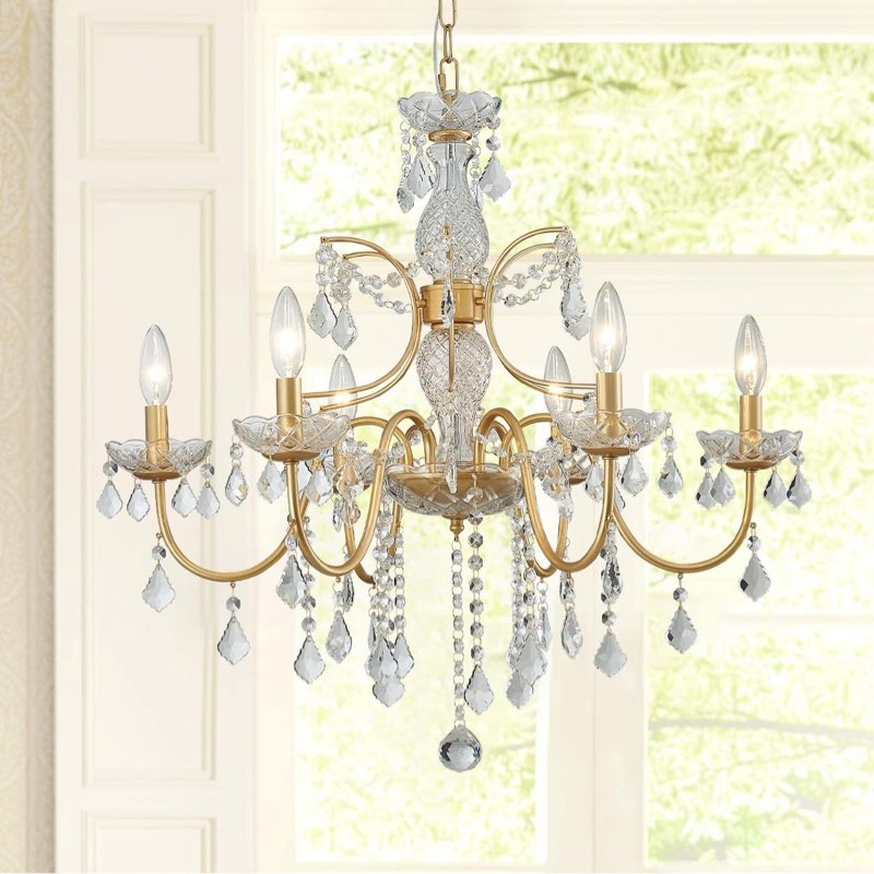 Bestier Gold Finish Elegent Crystal Candle Candelabra Chandelier 6 Light Lighting Fixture LED Pendan