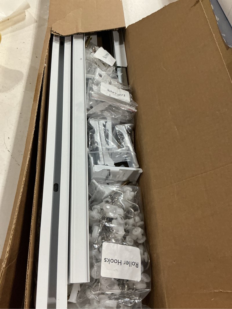 Condition photo showing New/Like New for ceiling curtain track, curtain track with roller hooks, 9ft - 12ft ceiling mounted rail set for room divider, white 9ft - 12ft white