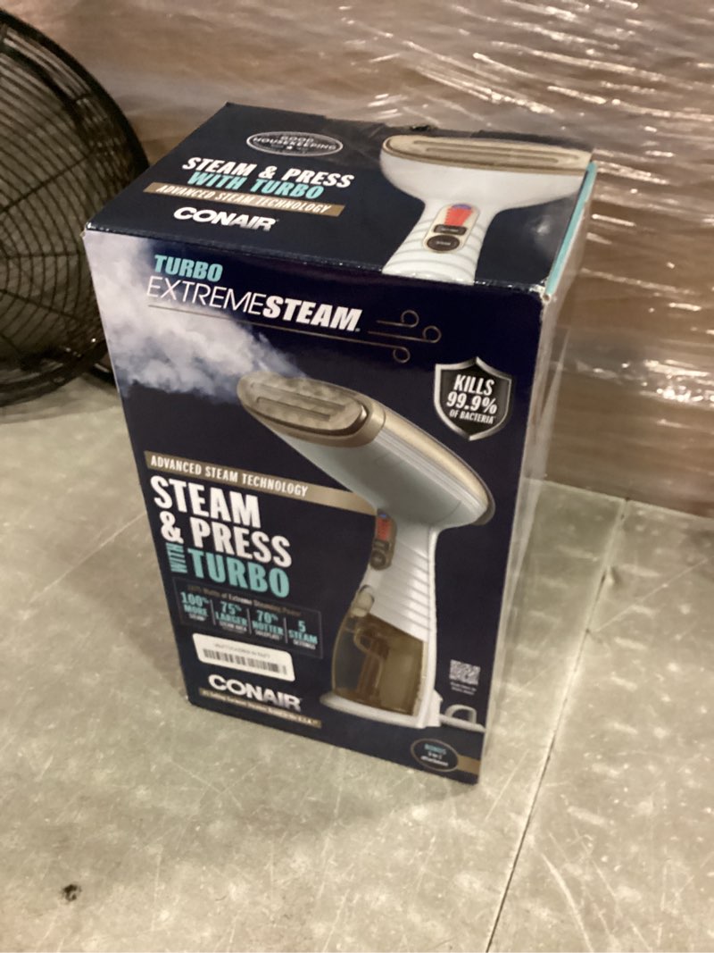 Condition photo showing New/Like New for conair handheld garment steamer for clothes, turbo extremesteam 1875w fabric steamer, portable handheld design, strong penetrating steam, white/champagne