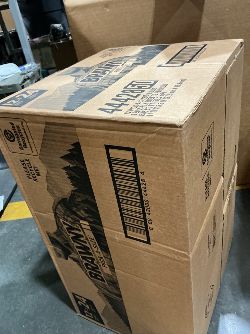 Condition photo showing As Is for brawny tear-a-square 3-ply paper towels, 12 double rolls = 24 regular rolls, strong, absorbent, and durable with 3 sheet sizes double 12 double rolls