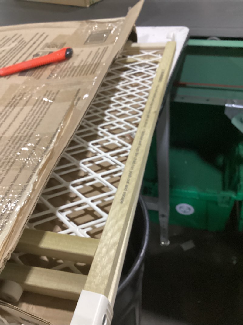 Condition photo showing As Is for north states easy adjust diamond mesh pet gate  white  wood  26.5  - 42  x 23