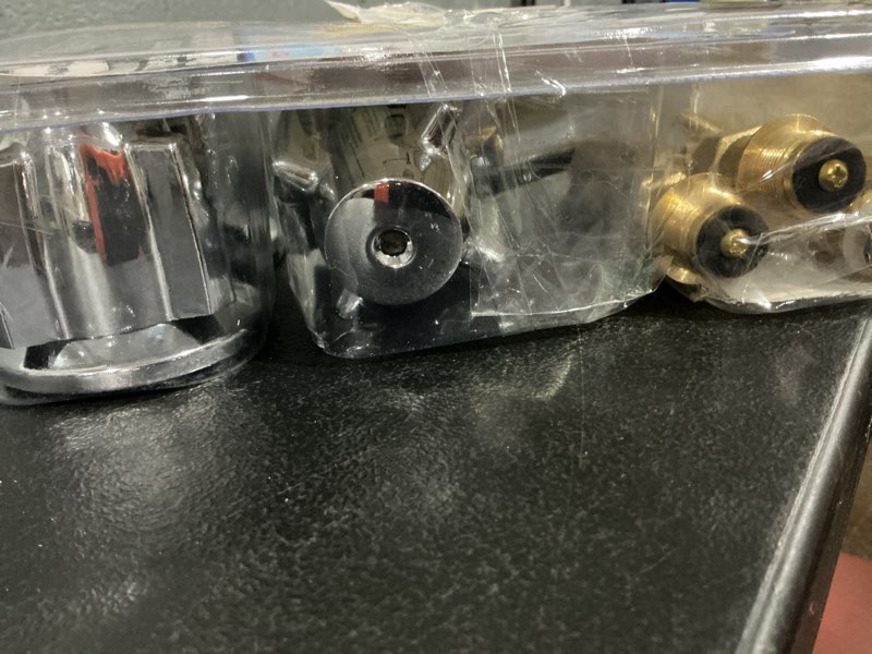 Condition photo showing As Is for central brass 3-handle tub and shower faucet trim kit in chrome (valve not included)