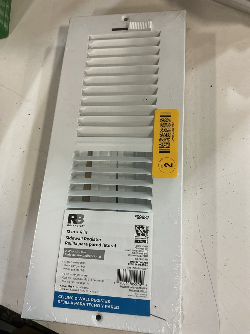 Condition photo showing New/Like New for reliabilt 12-in x 4-in 2-way steel white sidewall/ceiling register