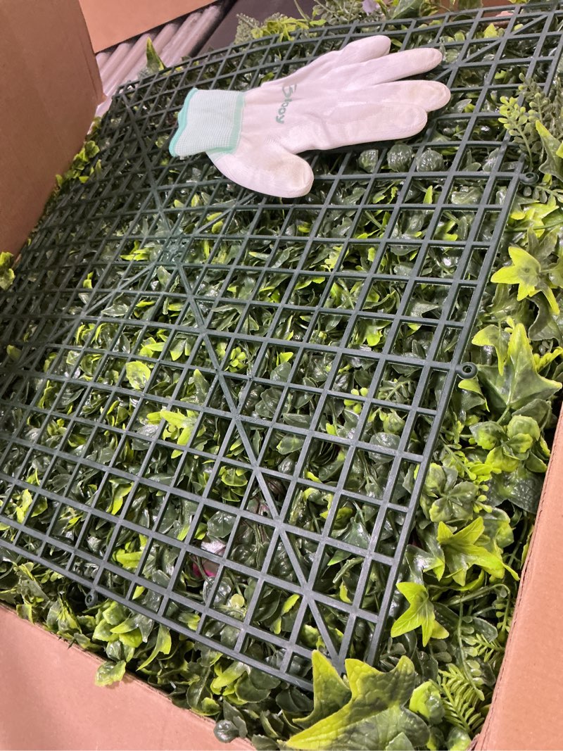 Condition photo showing Good Condition for boxwood panels, grass wall 20"x20"(12pcs), plant wall, grass backdrop wall, privacy screen, sun protected green wall decor for outdoor, indoor, garden, backyard and décor