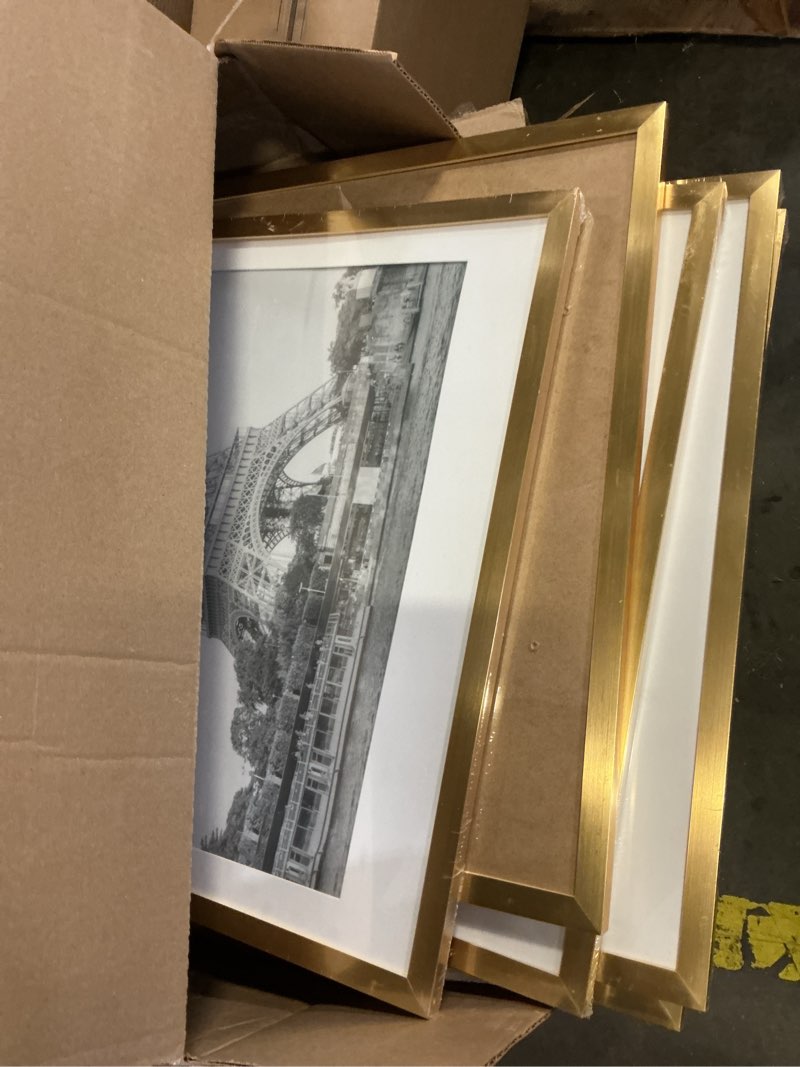 Condition photo showing New/Like New for upsimples 18x24 picture frame set of 5, display pictures 16x20 with mat or 18 x 24 without, wall gallery poster frames, gold gold 18x24