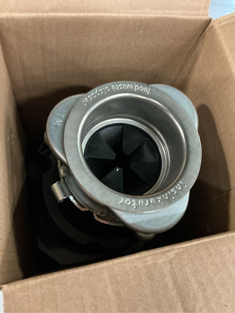 Condition photo showing As Is for insinkerator badger 5xl continuous feed 1/2-hp septic safe non-corded garbage disposal