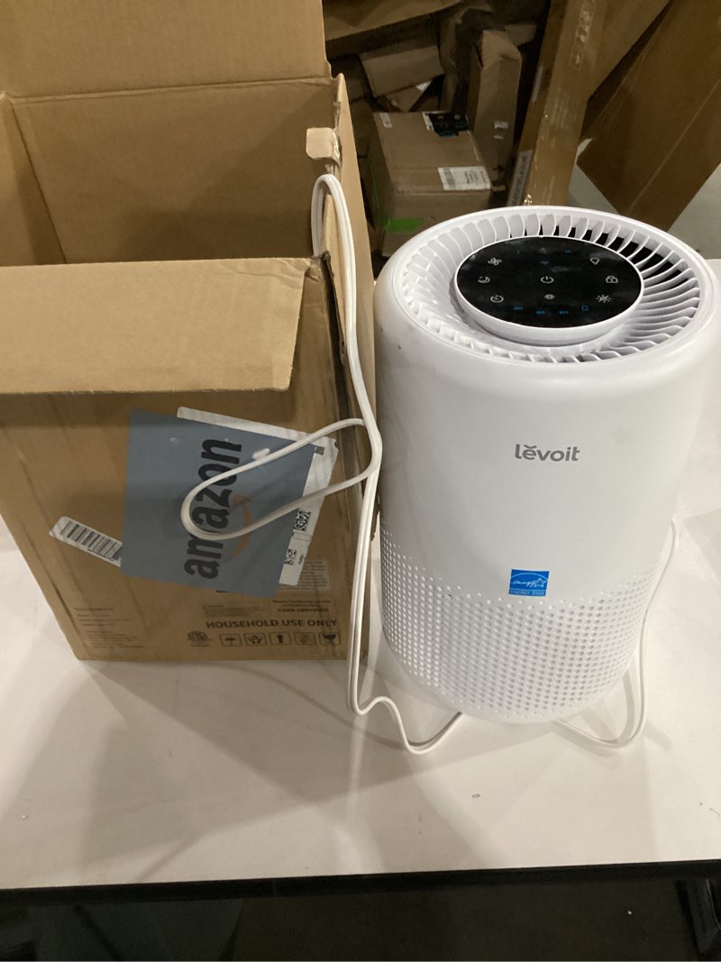 Condition photo showing As Is for similar to, not tested**** levoit air purifier for home bedroom dorm room, smart & voice control, aham verifide, 3-in-1 filter with hepa sleep mode, for pollen, pollutants, smoke, dander, dust, core 200s-p, white white wifi enabled purifier