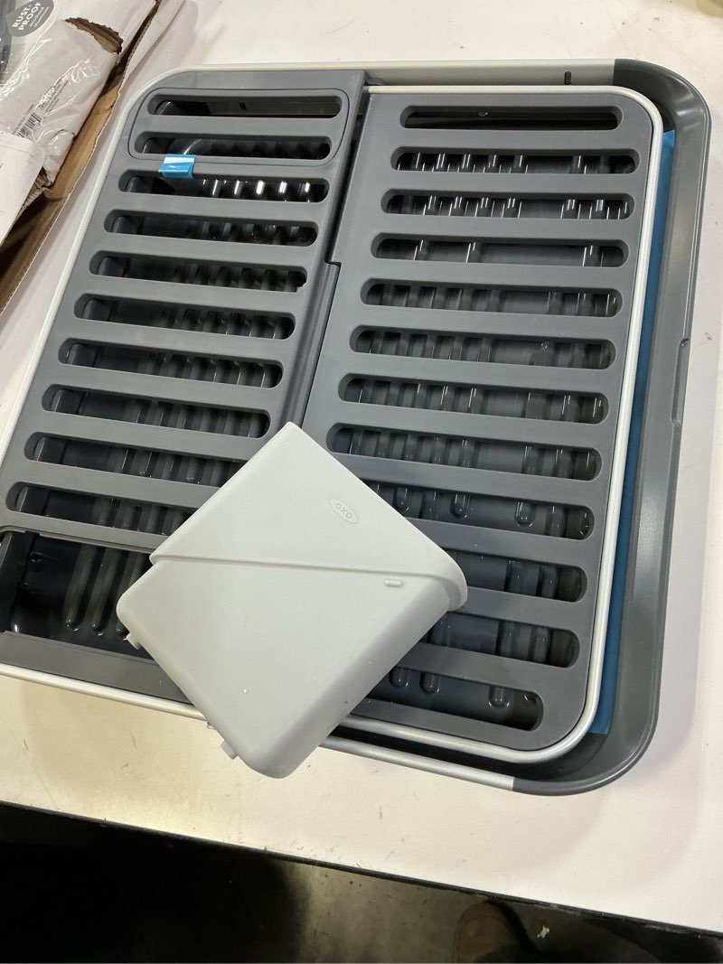 Condition photo showing Good Condition for oxo good grips aluminum fold flat dish drying rack, 2-tier, with drainboard, for kitchen counter, collapsible