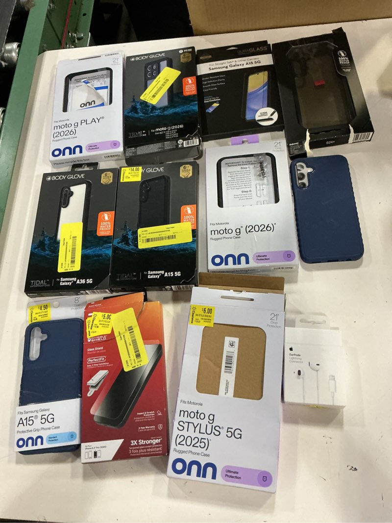 Condition photo showing As Is for assorted lot of electronics (may includes phone cases, small gadgets, headsets, etc.). please see pictures taken (bidfta image) to determine items that will be received
