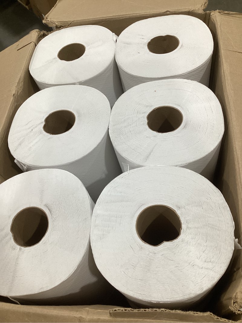 Condition photo showing As Is for genuine joe embossed hardwound roll towels, 2" core, 1-ply, 7.8" x 600', white, 12 count white 7.9" x 600' (pack of 12)