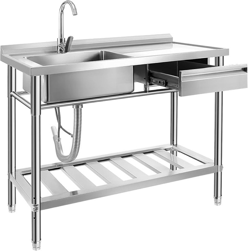 Stainless Steel Utility Sink, Free Standing Single Bowl Sink with Cold and Hot Water Pipe, Commercia