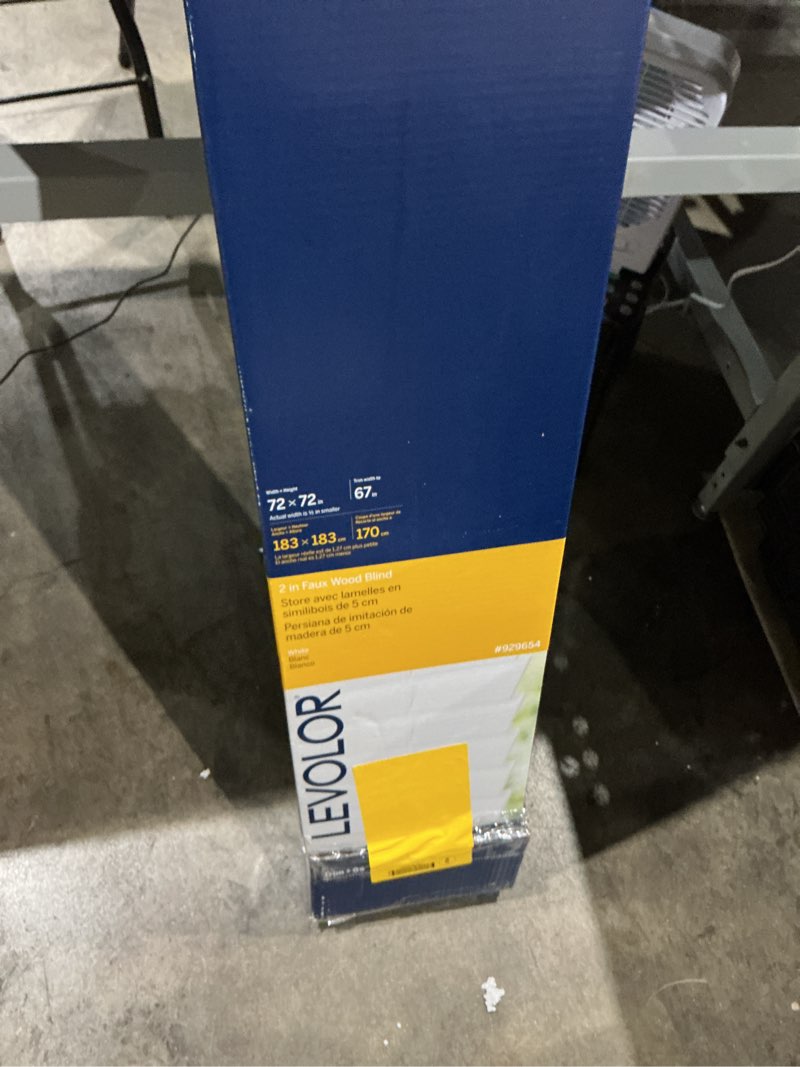 Condition photo showing As Is for levolor basics cordless light filtering faux wood blinds, easy to install 2” blinds for windows, timeless look, fits up to 34” width and 64” length, home solution for any space or room 34"w x 64"h white 1