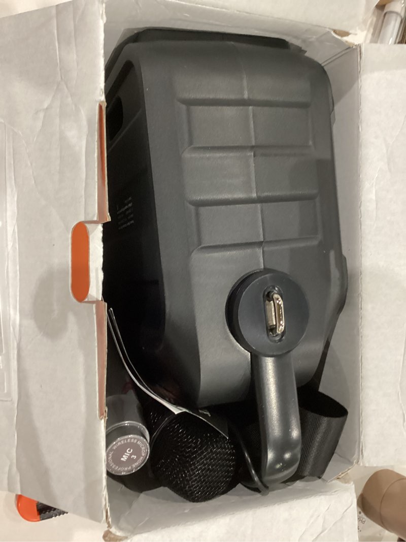 Condition photo showing Good Condition for karaoke machine, portable bluetooth speaker with 2 wireless microphones for adults & kids with lights, karaoke microphone with pa system supports usb/tf/fm/aux for home party home system packages black