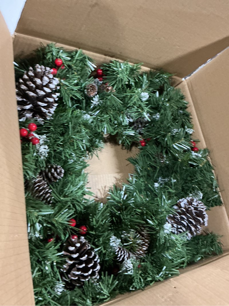 Condition photo showing Good Condition for Christmas Wreaths for Front Door, 27 Inch Christmas Wreaths, Christmas Wreath with Lights, Outdoor Large Christmas Wreath, Prelit Christmas Decor with Pine Cones, Pine Needles,Red Berries Green