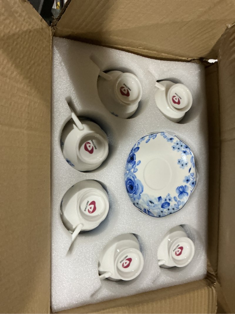 Condition photo showing Good Condition for porcelain tea cup and saucer set of 6 (12-piece) - 6oz cups with classic blue floral pattern for tea party, dishwasher & microwave safe