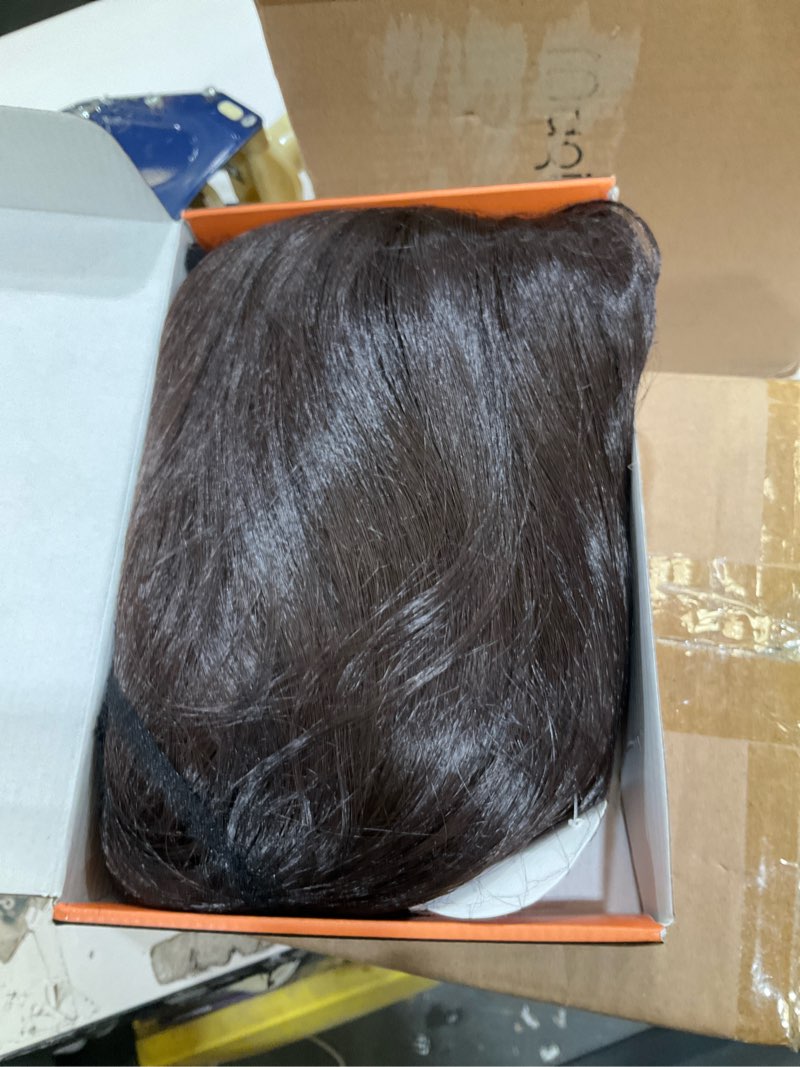 Condition photo showing Good Condition for haloo brown bob wigs with bangs shoulder length straight natural looking synthetic heat resistant medium hair wigs for women daily party, 16 inch dark brown