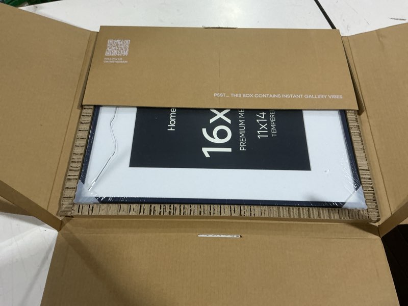 Condition photo showing Good Condition for homeforia 16x20 navy blue picture frame, high end metal 16x20 poster frames with mat 11x14 inch photo, 16 x 20 navy blue frame matted to 11 by 14 print, 20x16 frame, tempered glass, wall kit, set of 1