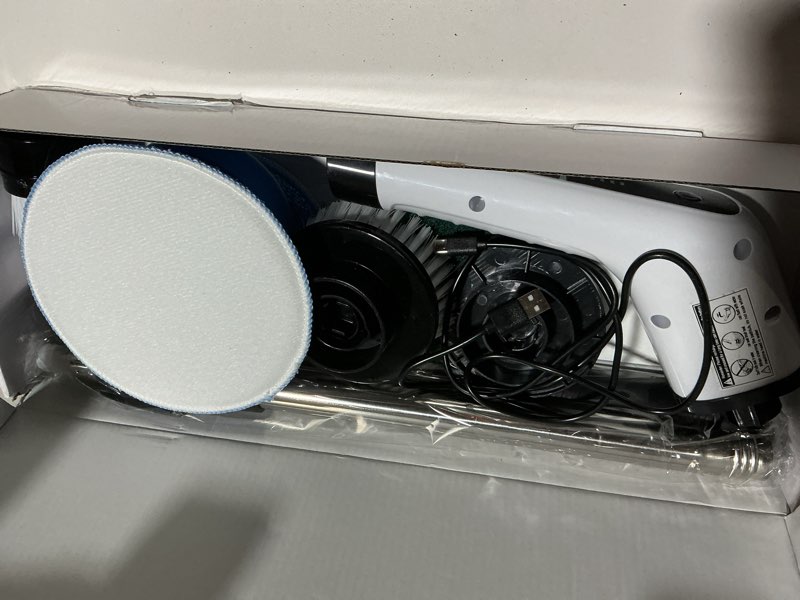Condition photo showing As Is for Leebein Electric Spin Scrubber, Cordless Cleaning Brush with 8 Replaceable Brush Heads, Tub and Floor Tile 360 Power Scrubber Dual Speed with Adjustable & Detachable Handle for Bathroom Kitchen Car White