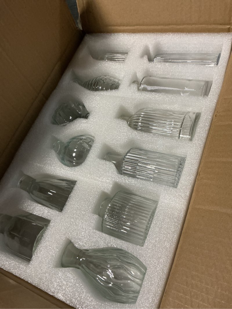 Condition photo showing New/Like New for bud vases set of 12, glass vase for decor centerpieces, small vases for flowers, clear flower vase stripe modern bud vases in bulk, vintage vases for floral wedding party table decoration home decor clear 1 pack