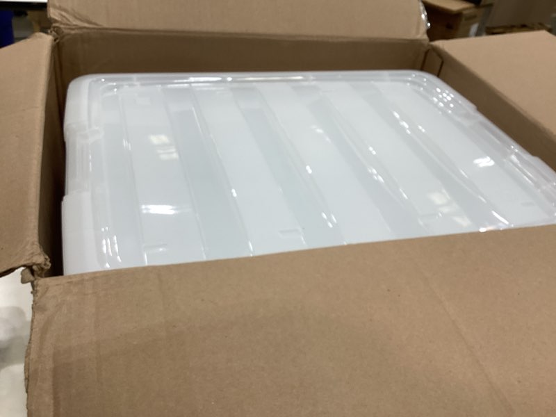 Condition photo showing As Is for IRIS USA 54 Qt Stackable Plastic Storage Bins with Lids, 6 Pack - BPA-Free, Made in USA - See-Through Organizing Solution, Latches, Durable Nestable Containers, Secure Pull Handle - Clear Clear 54 Qt 6 Pack