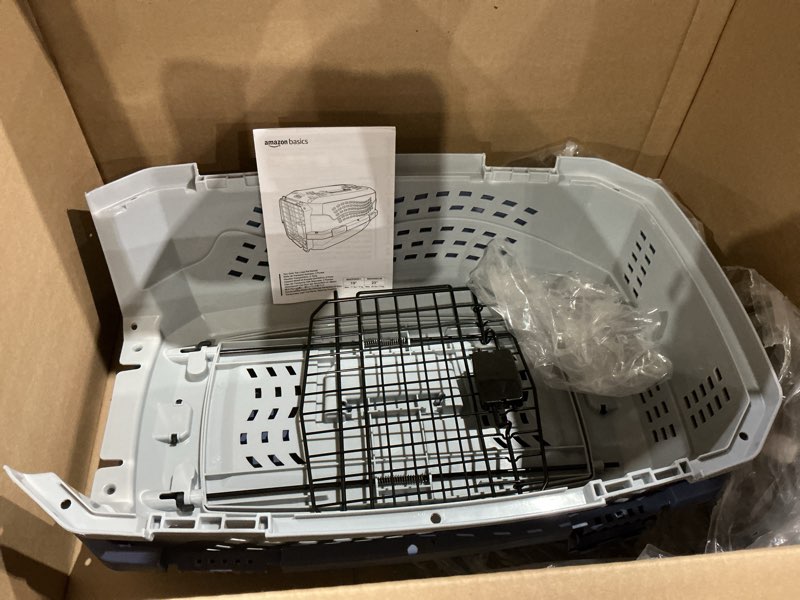 Condition photo showing As Is for amazon basics sturdy portable 2-door top-load hard-sided pet travel carrier with secure ventilation, handle, front & top entry for dogs, cats, 22.8"l x 15"w x 13"h, gray & blue gray & blue 22.8"l x 15.0"w x 13.0"h
