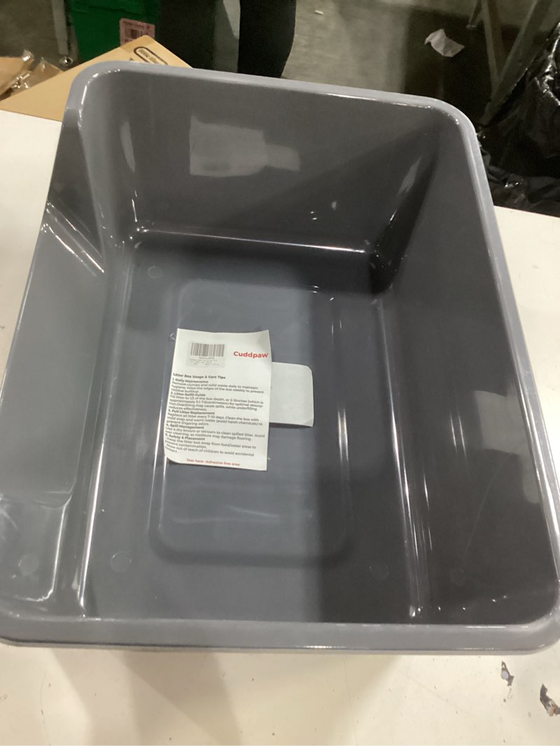 Condition photo showing New/Like New for open-top large high sides cat litter box with low entrance, suitable for small and elderly cats, anti-splash, 19.8” x15.6”x7.3” for indoor use (grey?moon gray?)