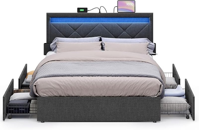 vasagle led bed frame full size, full bed with headboard and 4 drawers, 1 usb port and 1 type c port, adjustable upholstered headboard 37.1/39.6 inches, no box spring needed, dark gray urmb822g71