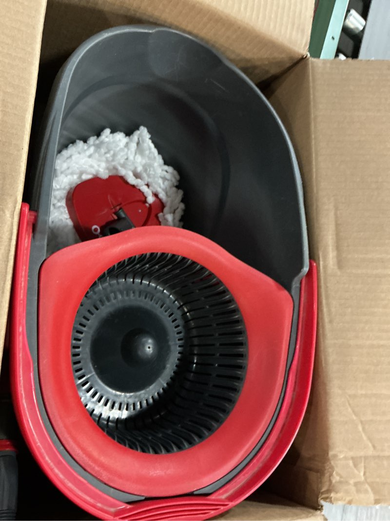 Condition photo showing As Is for o-cedar easywring microfiber spin mop, bucket floor cleaning system, red, gray, standard easywring spin mop & bucket