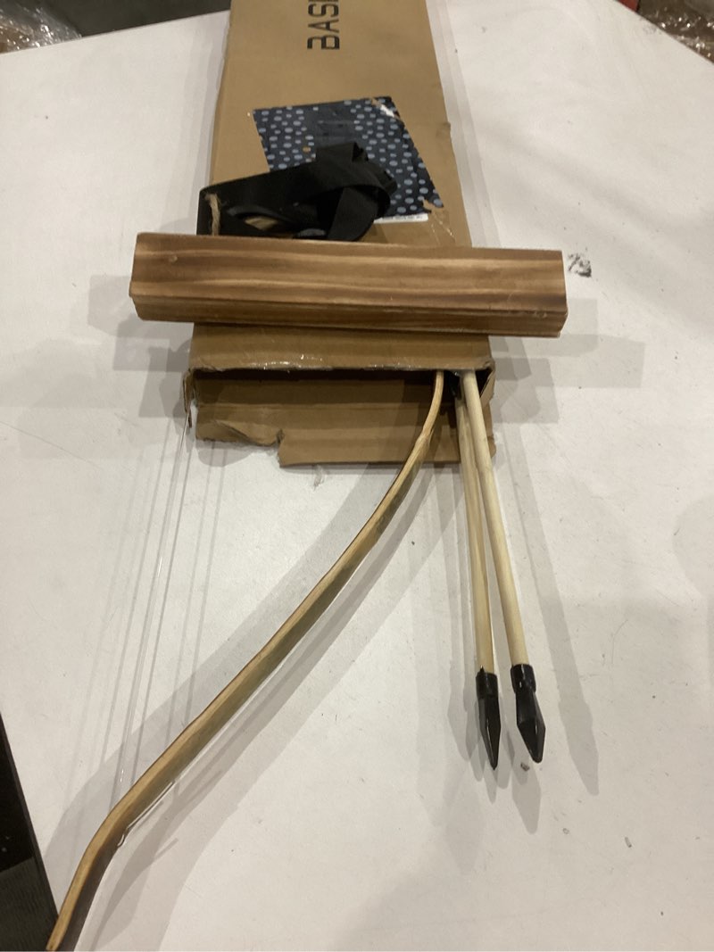 Condition photo showing Good Condition for wooden bow and arrow set, 40 inch handmade wooden bow and arrow cosplay costume prop archery set games toys, 1 bows 1 quivers and 5 feather arrows, gifts for kids youth boys and girls