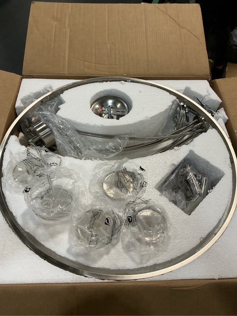 Condition photo showing Good Condition for WUZUPS 5-Light Wagon Wheel Chandelier Rustic Farmhouse Industrial Round Pendant Light Fixture with Clear Seeded Glass Shades for Dining Room Kitchen Island, H 20.5" x W 26.2", E12 Base, Nickel 5-light, Brushed Nickel