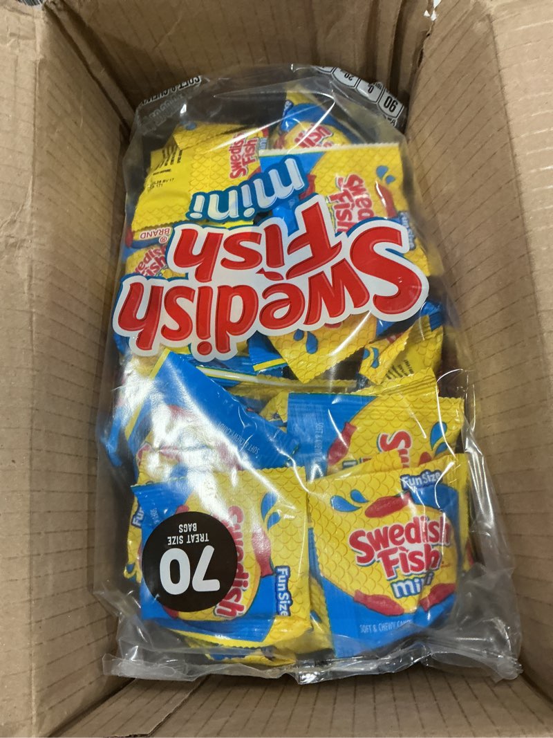 Condition photo showing Good Condition for Best by 12/jul/2026 SWEDISH FISH Mini Soft & Chewy Candy, Bulk Candy, 140 Snack Packs