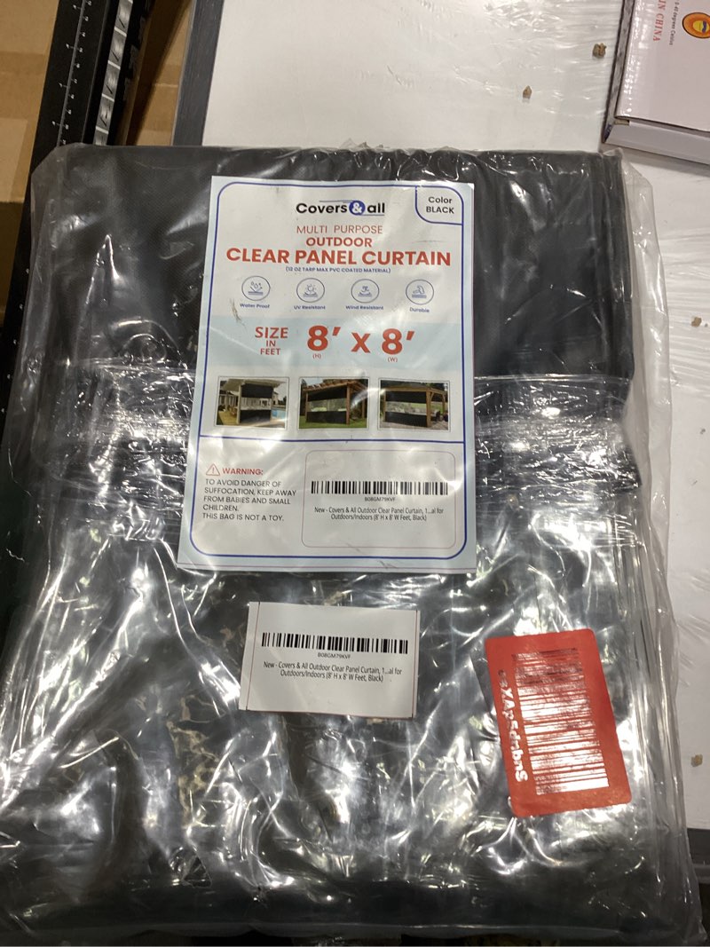 Condition photo showing As Is for covers & all outdoor clear panel curtain, 12 oz vinyl outdor curtains for patio, waterproof & weather resistant tarp with brass grommets for pergola, porch, gazebos, balcony (8'h x 8'w feet, black) black 8x8