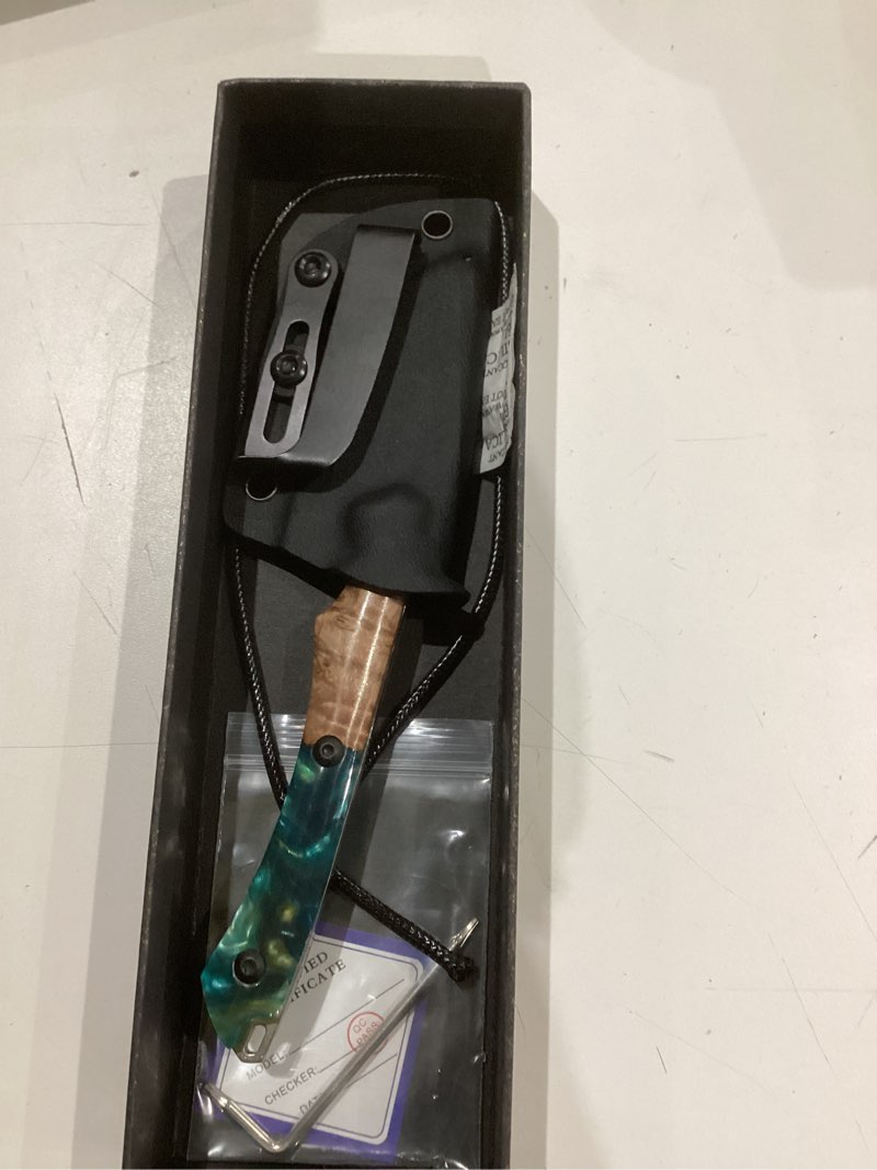Condition photo showing Good Condition for 7.3''Men's Tactical Knife, DC53 Steel Fixed Blade with Tactical K-Style Sheath, Resin-fused maple wood knife handle?Ideal for Outdoor Survival, EDC Camping & Hunting, Mountaineering, Travel, and Fishing Utility Knife (Light blue)