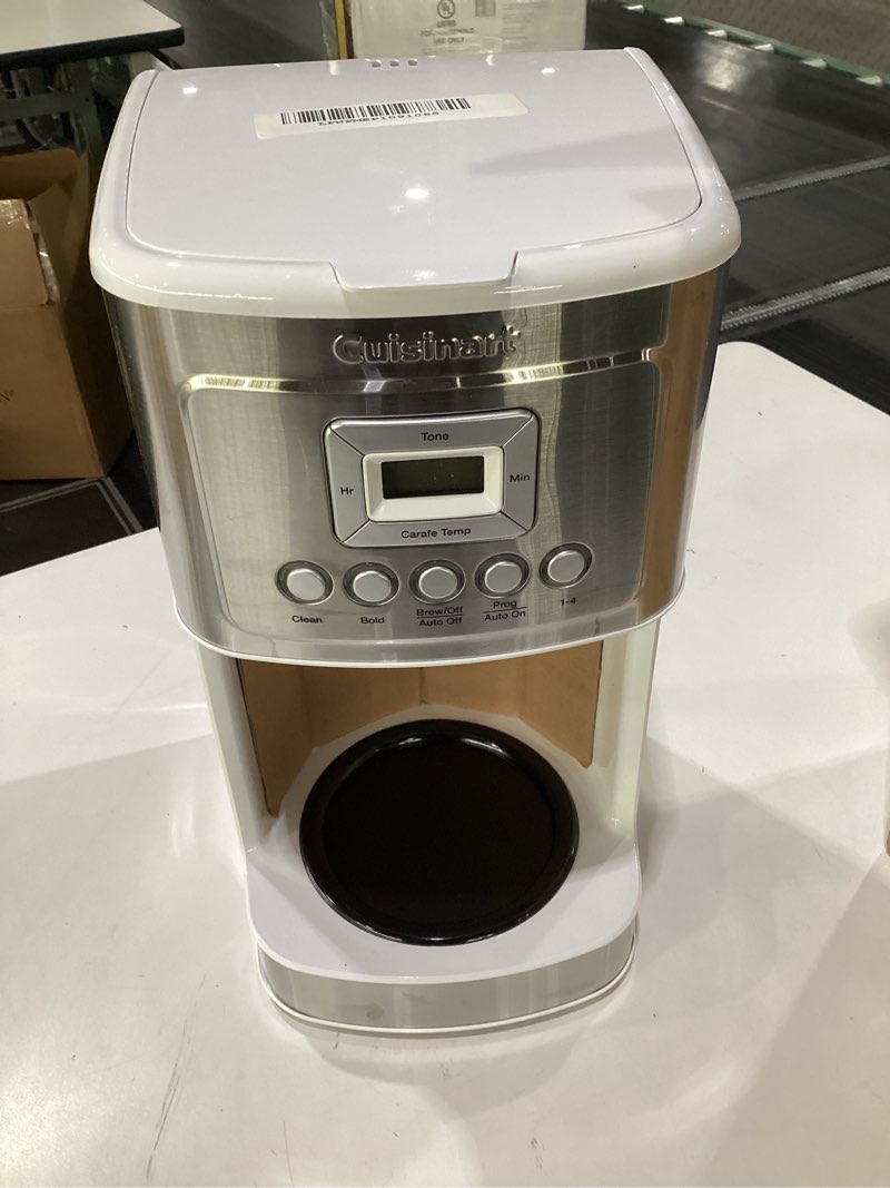 Condition photo showing Good Condition for ( MISSING PARTS) Cuisinart 14-Cup Coffee Maker, Programmable PerfecTemp Glass Carafe Coffee Machine with 1-4 Cup Setting, Brew Strength Control and Brew Pause, Stainless Steel, DCC-3200WNAS, White 14-Cup Glass White, NOT TESTED, MISSING PARTS