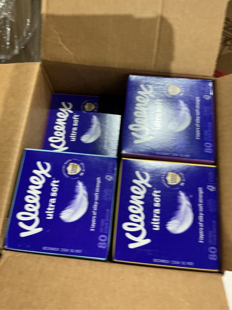 Condition photo showing Good Condition for incomplete kleenex ultra soft facial tissues, 8 cube boxes, 80 tissues per box, 3-ply, packaging may vary white 80 tissues (pack of 8)