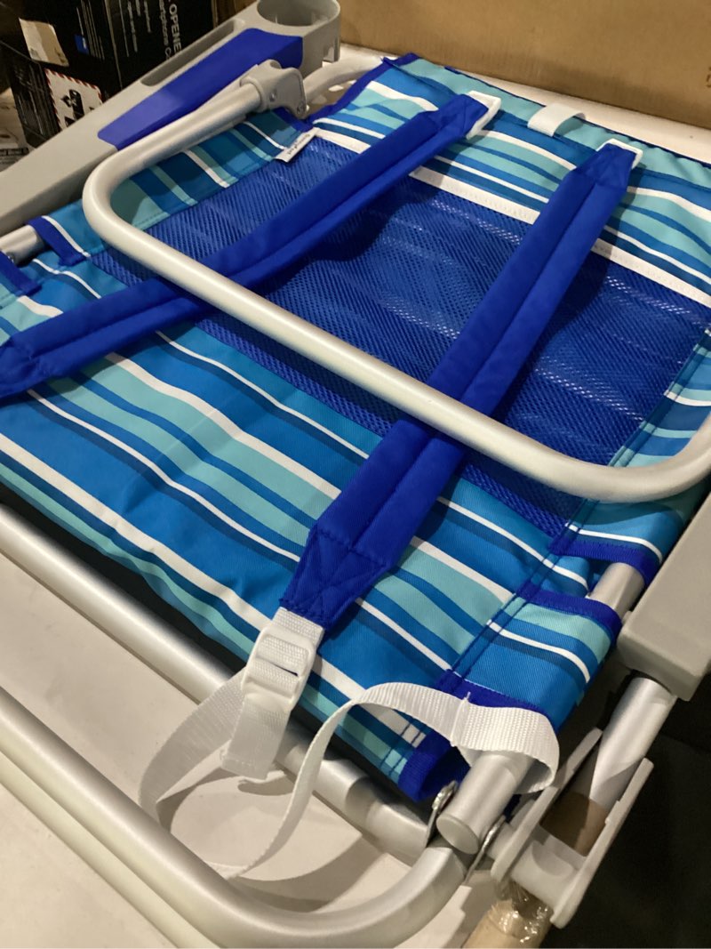 Condition photo showing New/Like New for sunnyfeel extra wide 28" low beach chair 5 position lay flat, xl oversized portable folding camping chairs with cup holder for outdoor/trip, lightweight foldable backpack beach chair for adults lightblue stripe