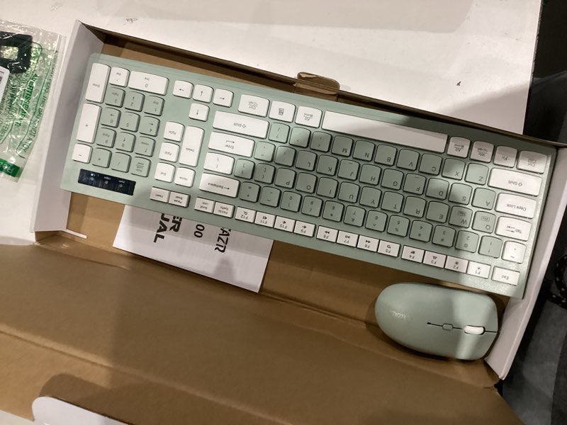 Condition photo showing As Is for Wireless Keyboard and Mouse Combo, Full-Sized Wireless Keyboard and Adjustable DPI Mouse, 2.4GHz USB Receiver, Silent Keyboard and Mouse for PC, Windows, MAC, Desktop, Laptop (Avocado Green)