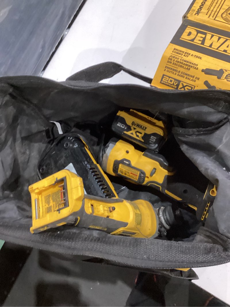 Condition photo showing As Is for dewalt 20v max angle grinder and die grinder, cordless 2-tool set with battery and charger (dck203p1)