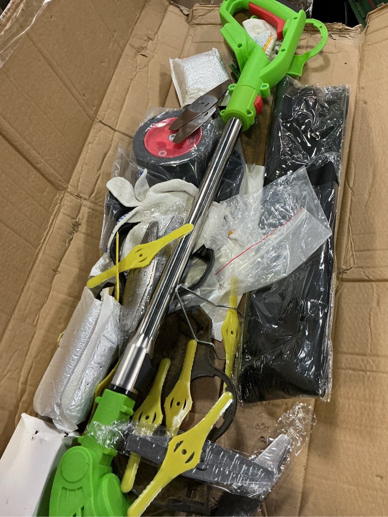 Condition photo showing As Is for 21v electric weed wacker, cordless weed eater battery powered, lightweight stringless weed trimmer with 2 battery operated & wheels, 4 in 1 grass trimmer/brush cutter/lawn edger/mower for garden yard green