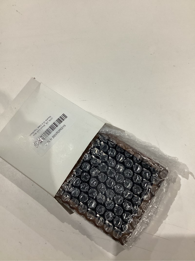 Condition photo showing Good Condition for single walnut wood challenge coin presentation display box storage case with clear top and plastic coin capsules with adjustable gasket