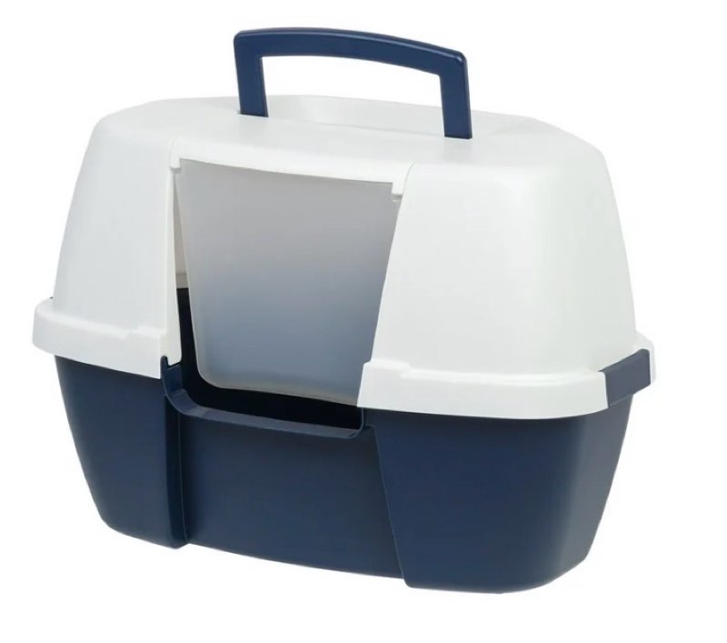 iris large corner cat litter box with lid | enclosed design, handle & buckles, navy/white